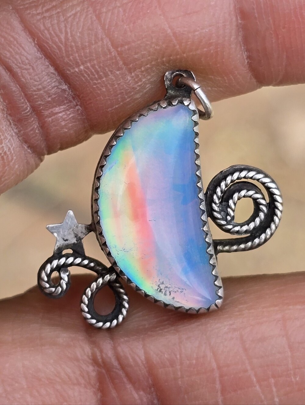 Artisan handmade Aurora opal crescent moon rope swirl star sterling silver 925